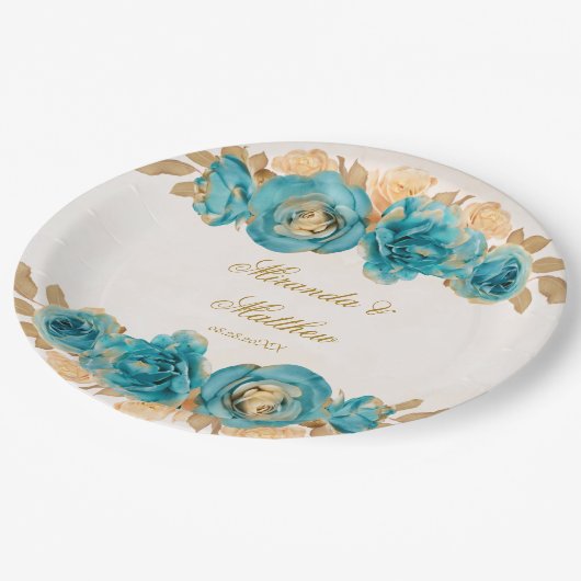 Aquamarine und cremefarbene Florals Wedding P Pappteller (Schrägansicht)
