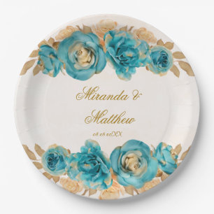 Aquamarine und cremefarbene Florals Wedding P Pappteller