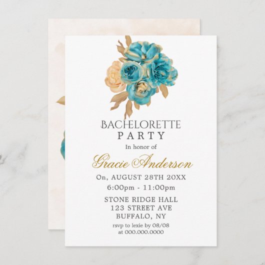 Aquamarine und cremefarbene Gold Rose Junggeselinn Einladung (Vorne/Hinten)