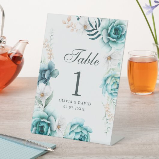 Aquamarine und cremefarbene Wildblumen Hochzeit Ti Sockelschild (In Situ)