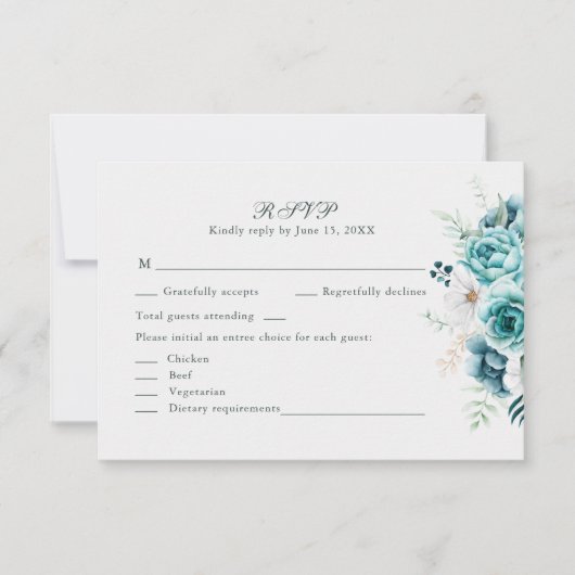 Aquamarine und cremefarbene Wildblumen mit RSVP-Ho Dankeskarte (Vorderseite)
