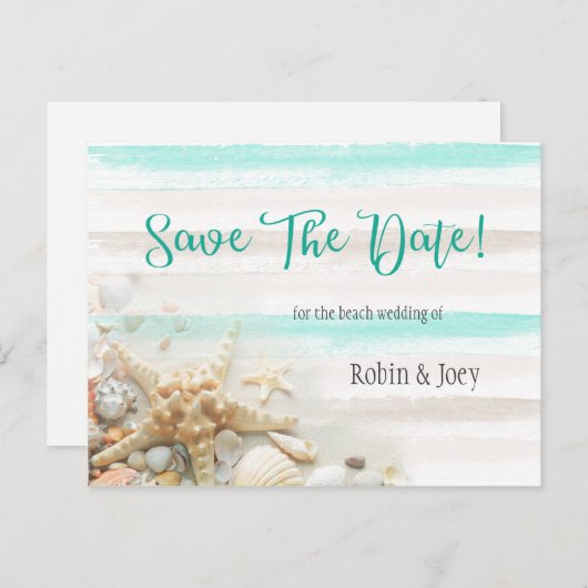 Aquamarine und Elfenbeinstreifen - Seashells Save Ankündigungspostkarte (Vorne/Hinten)