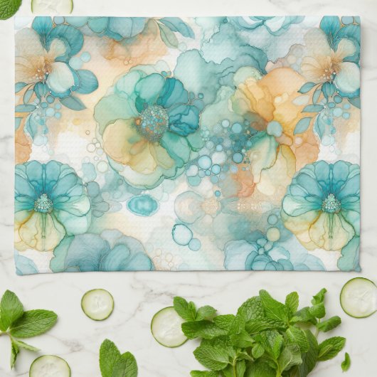 Aquamarine und gelbe Blumen - Illustration des Alk Geschirrtuch (Gefaltet)