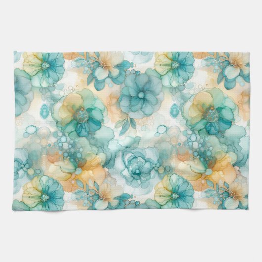 Aquamarine und gelbe Blumen - Illustration des Alk Geschirrtuch (Horizontal)