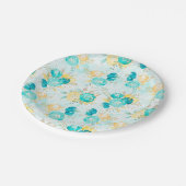 Aquamarine und gelbe Rosenpapierplatte Pappteller (Schrägansicht)