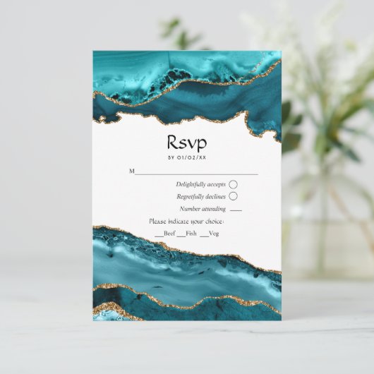 Aquamarine und Gold Agate Hochzeit RSVP Karte (Stehend Vorderseite)