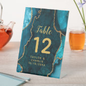 Aquamarine und Gold Agate Wedding Tischnummer Sockelschild (In Situ)
