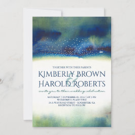 Aquamarine und Gold Dots Moderne Wasserfarbenprägu Einladung