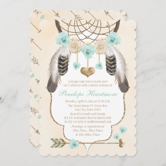 Aquamarine und Gold Dreamcatcher Boho Baby Boy Sho Einladung (Vorne/Hinten)