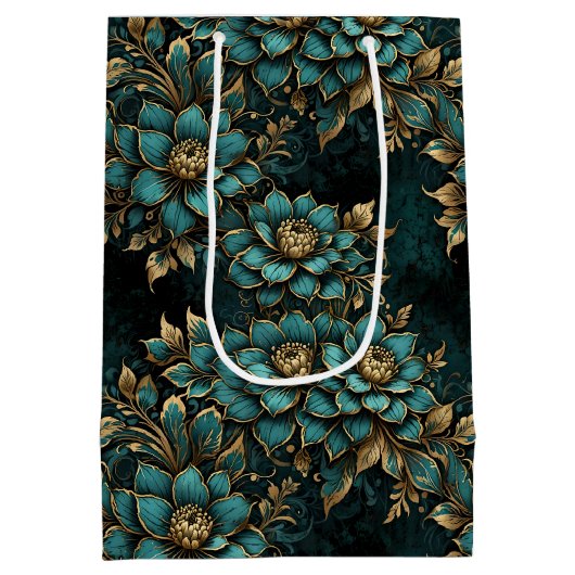 Aquamarine und Gold Dunkle Grunge-Blume Mittlere Geschenktüte (Rückseite)