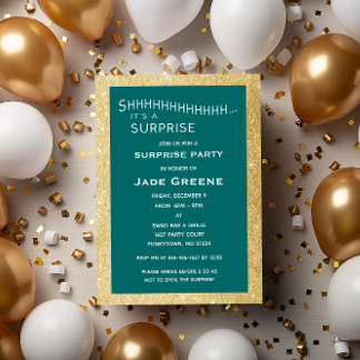 Aquamarine und Gold Glitzer Überraschung Party Geb Einladung