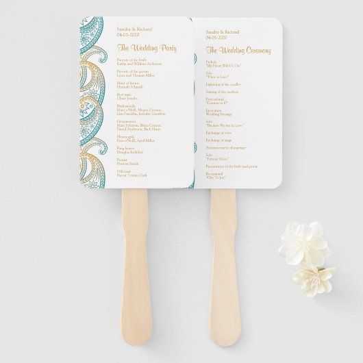Aquamarine und Gold-Paisley-Hochzeitsprogramme Fächer (Vorne und Hinten)