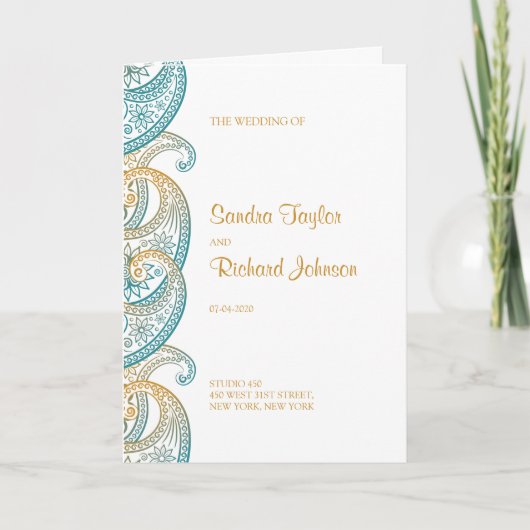 Aquamarine und Gold Paisley Indian Wedding Programm (Vorderseite)