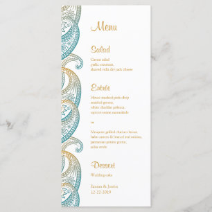 Aquamarine und Gold Paisley Indian Wedding Rackcar Menükarte