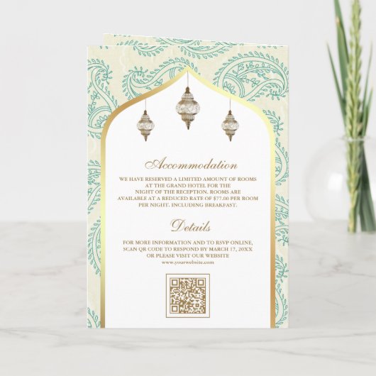 Aquamarine und Gold Paisley QR Code für muslimisch Einladung (Rückseite)