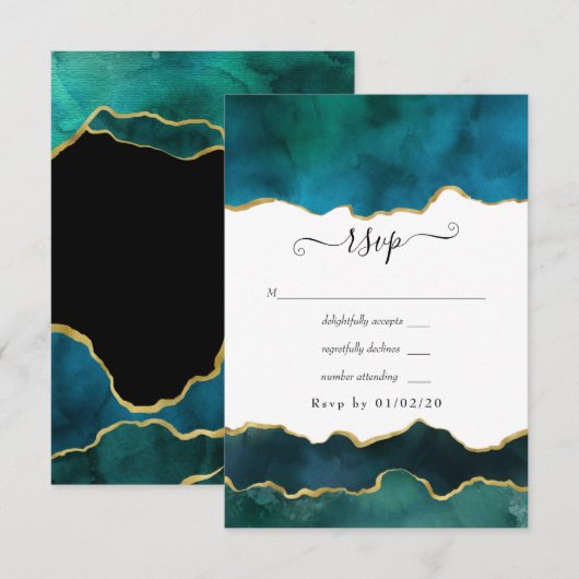 Aquamarine und Gold Strata Agate Wedding RSVP Karte (Vorne/Hinten)