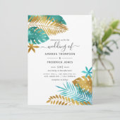 Aquamarine und Gold Tropical Wedding Einladung (Stehend Vorderseite)