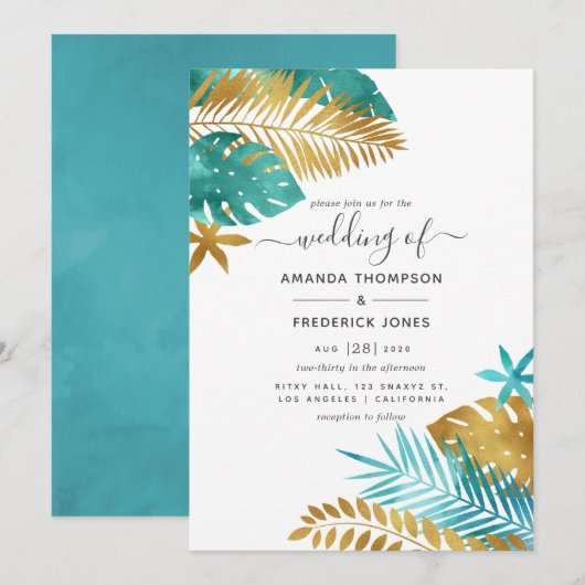 Aquamarine und Gold Tropical Wedding Einladung (Vorne/Hinten)