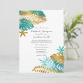 Aquamarine und Gold Tropical Wedding Einladung (Stehend Vorderseite)