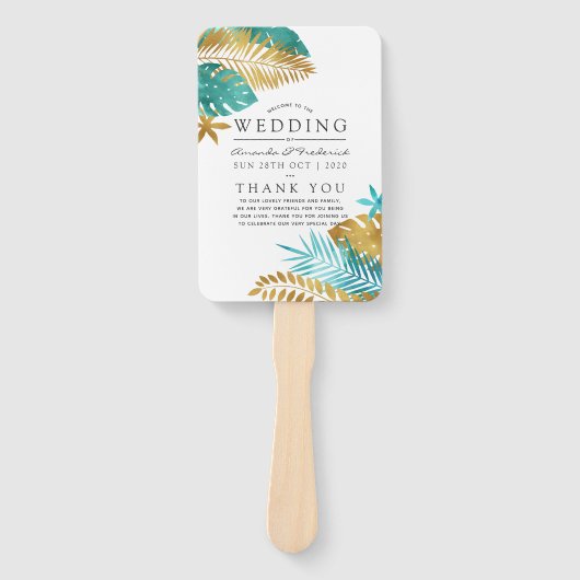 Aquamarine und Gold Tropical Wedding Program Fächer (Vorderseite)