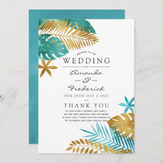 Aquamarine und Gold Tropical Wedding Programm (Vorne/Hinten)