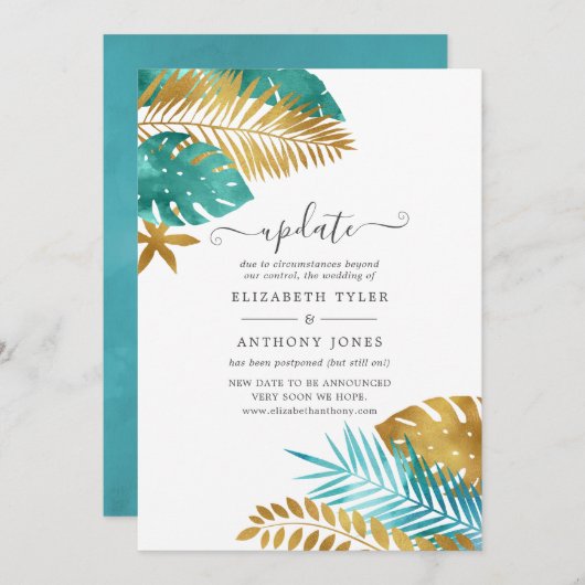 Aquamarine und Gold Tropical Wedding Update Einladung (Vorne/Hinten)