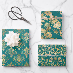 Aquamarine und Gold Vintage Damaskus Geschenkpapier Set