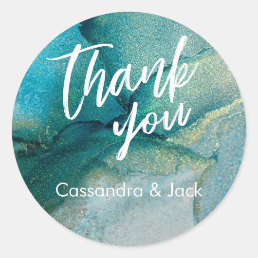 Aquamarine und goldene Abstrakte Kunst Lässig Hand Runder Aufkleber (Vorderseite)