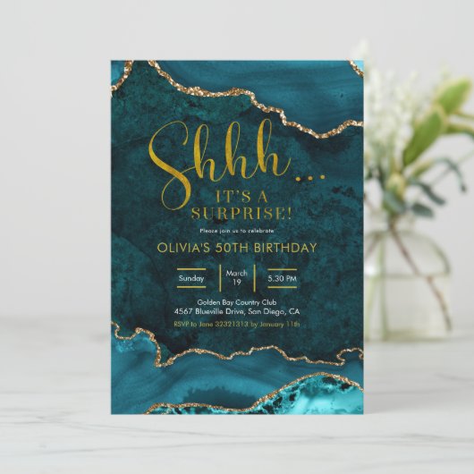 Aquamarine und goldene Agate Überraschung Geburtst Einladung (Stehend Vorderseite)