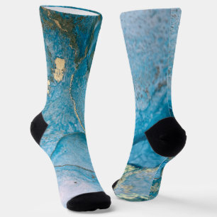 Aquamarine und goldene Alkoholtinte Abstrakte Flüs Socken