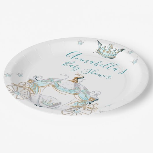 Aquamarine und goldene Aschenputtel Pappteller (Schrägansicht)