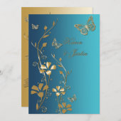 Aquamarine und goldene Blume und Schmetterlinge Ei Einladung (Vorne/Hinten)