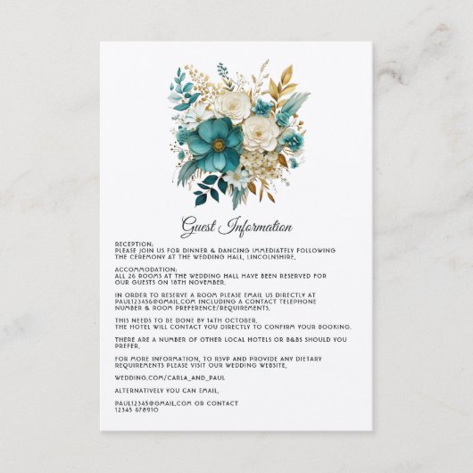 Aquamarine und goldene Blumengäste Details Begleitkarte (Vorderseite)