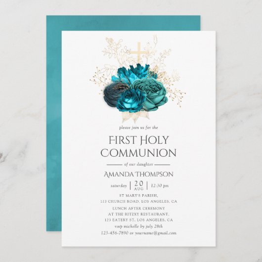 Aquamarine und goldene Blumengemeinde Einladung (Vorne/Hinten)