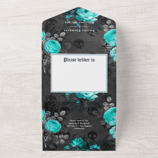 Aquamarine und goldene blumengotische Hochzeit in All In One Einladung (Außenbereich)