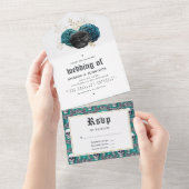 Aquamarine und goldene blumengotische Hochzeit in All In One Einladung (Abreißen)