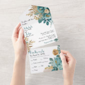 Aquamarine und goldene Blütenwelt All In One Einladung (Abreißen)
