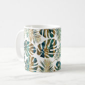 Aquamarine und goldene gemusterte Blätter Kaffee T Kaffeetasse (Vorderseite Links)