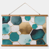 Aquamarine und goldene Honeycomb Grunge Watercolor Wandteppich Mit Holzrahmen (Vorderseite 2)