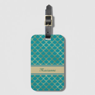 Aquamarine und goldene Mermaid-Skala mit Monogramm Gepäckanhänger