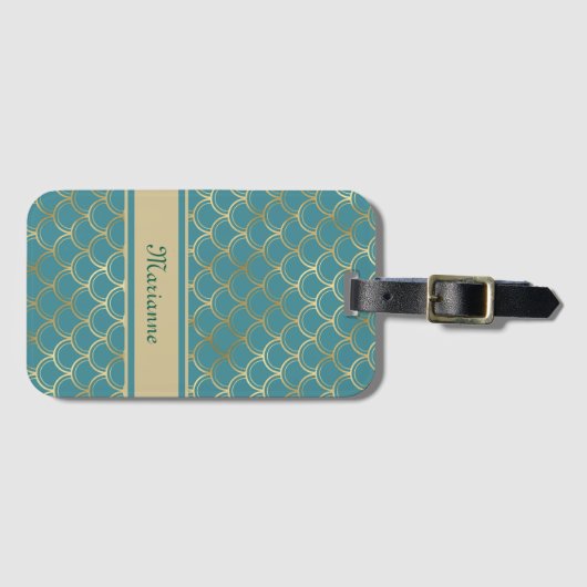 Aquamarine und goldene Mermaid-Skala mit Monogramm Gepäckanhänger (Vorderseite (Horizontal))