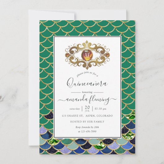 Aquamarine und goldene Monogramm Gemstone Meerjung Einladung (Vorderseite)