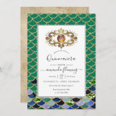 Aquamarine und goldene Monogramm Gemstone Meerjung Einladung (Vorne/Hinten)