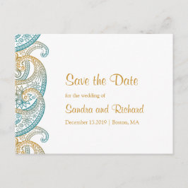 Aquamarine und goldene Paisley Save the Date Ankündigungspostkarte