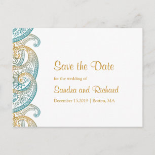 Aquamarine und goldene Paisley Save the Date Ankündigungspostkarte