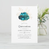 Aquamarine und goldene Quinceñera Einladung (Stehend Vorderseite)