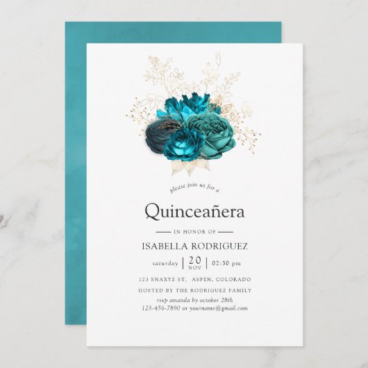 Aquamarine und goldene Quinceñera Einladung (Vorne/Hinten)