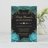 Aquamarine und goldene Rose Blumenquinceanera Einladung (Stehend Vorderseite)