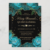 Aquamarine und goldene Rose Blumenquinceanera Einladung (Vorne/Hinten)