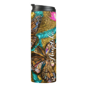 Aquamarine und goldene Schmetterlinge Personalisie Thermosbecher